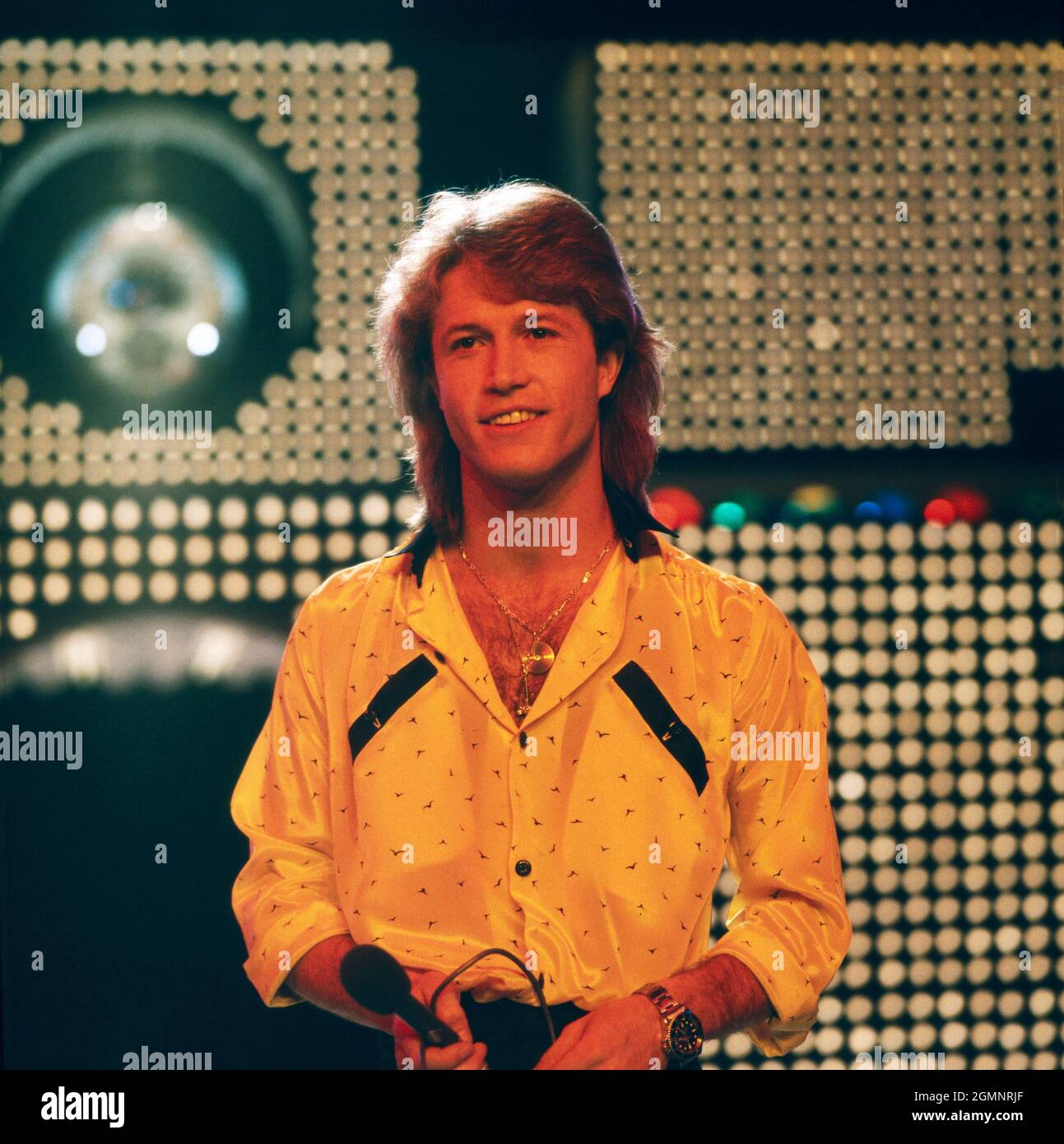Andy Gibb, britischer Sänger, erfolgreich als Solosänger, Portrait circa 1977.  Andy Gibb, British singer, successful as a solo singer, portrait circa 1977. Stock Photo
