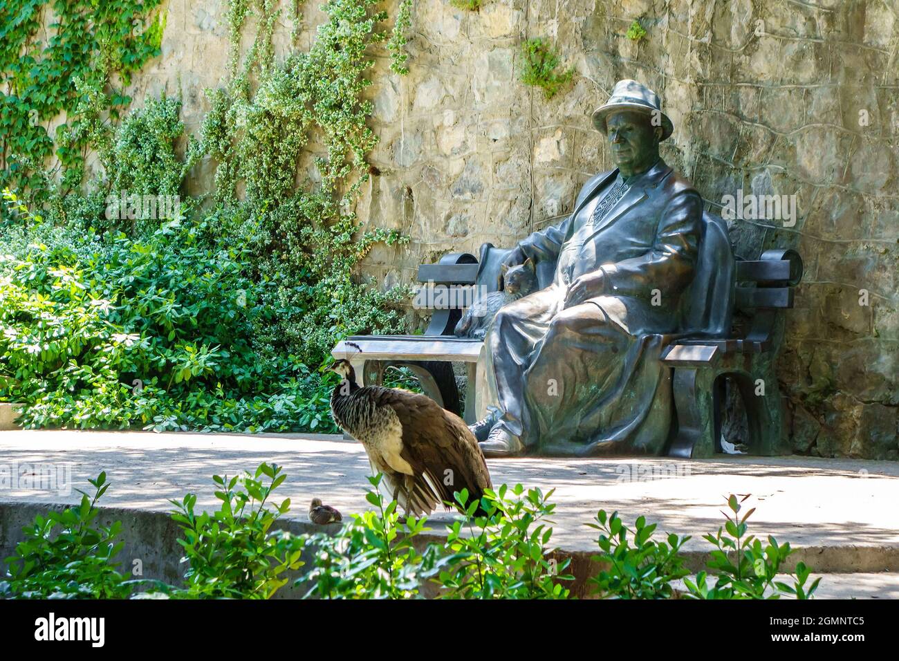Statue of former Soviet leader Nikita Khrushchev with cat sitting on bench. It seems as if statue looking at walking birds - female peacock & her chic Stock Photo