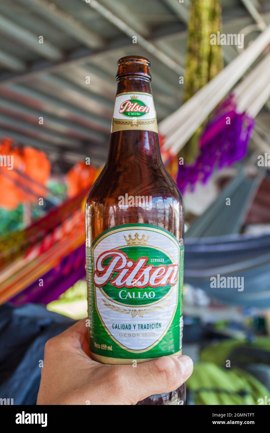 SANTA CLOTILDA, PERU - JUNE 16, 2015: Bottle of Pilsen beer made in Callao, Peru Stock Photo