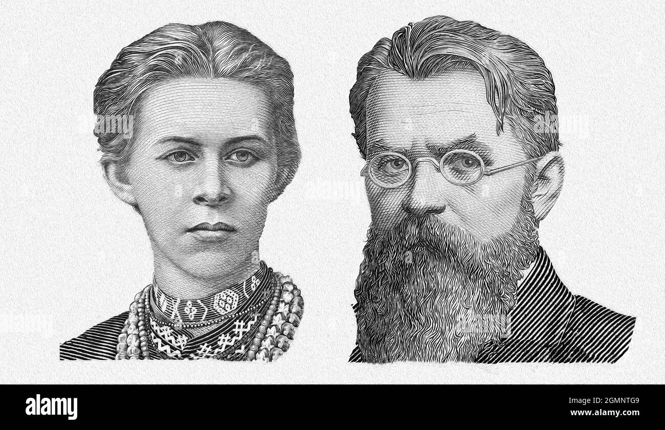 Lesya Ukrainka and Volodymyr Vernadsky portraits cut on 200 and 1000 UAH banknotes isolated on white background Stock Photo