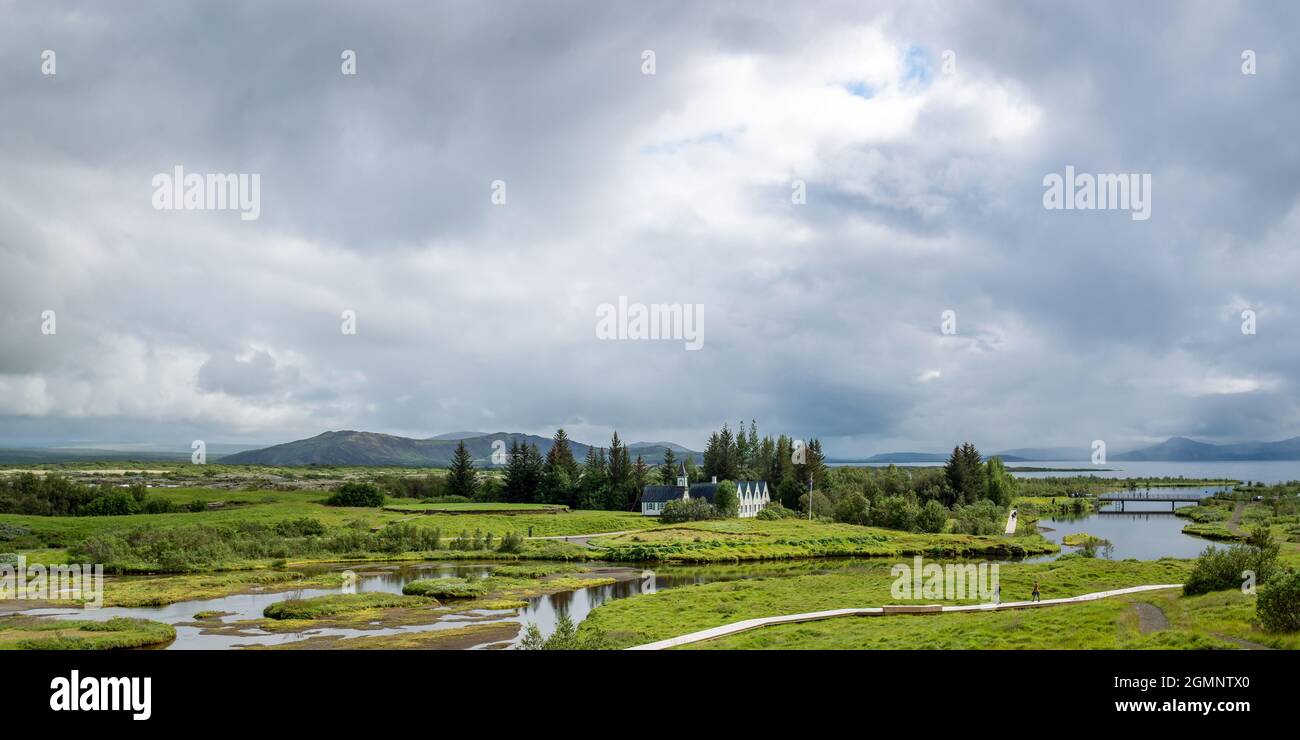 Panorama of Thingvellir National Park in summer, Iceland Stock Photo