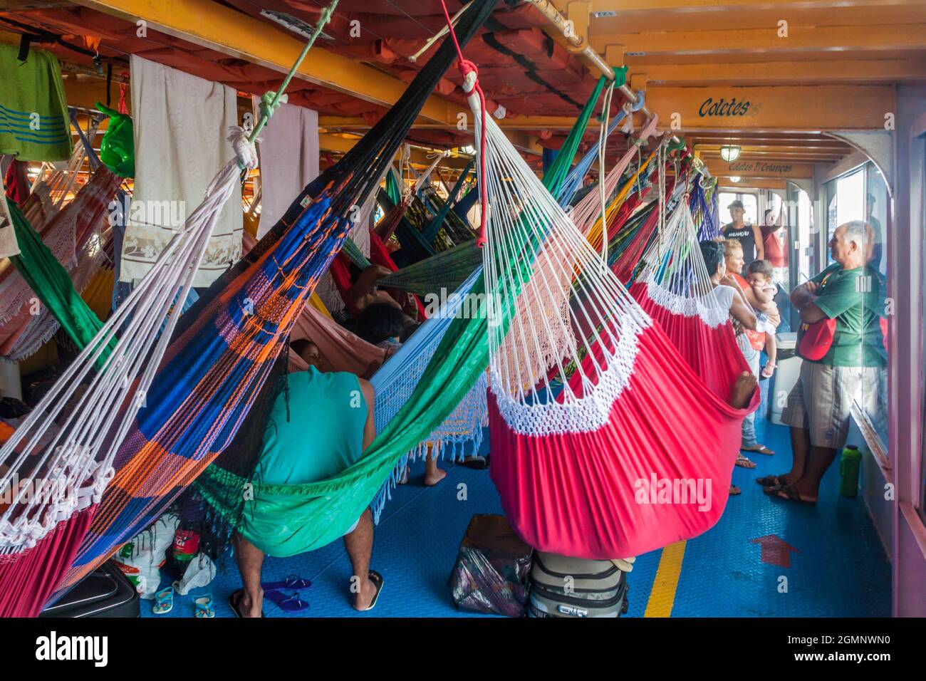 AMAZON, BRAZIL - JUNE 27, 2015: Hammock deck at the boat Anna Karoline II which plies river Amazon between Santarem and Manaus, Brazil. Stock Photo