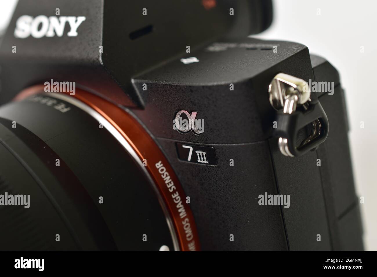 Delhi, india - September 7, 2020: close up of sony a7iii logo, macro Stock Photo