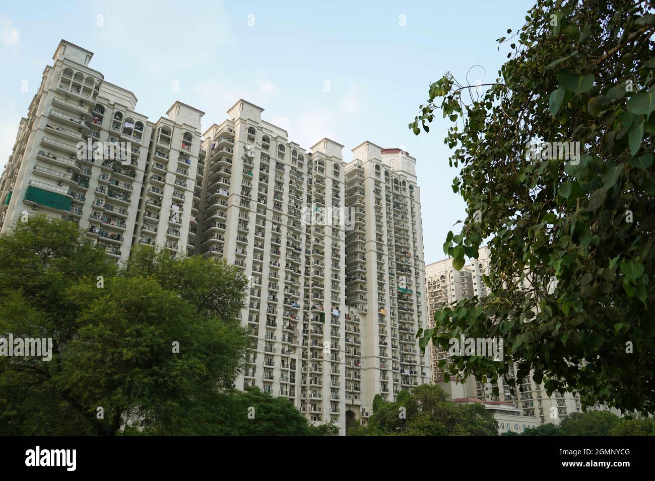 Low angle shot of a high rise newly constructed flats in New Delhi