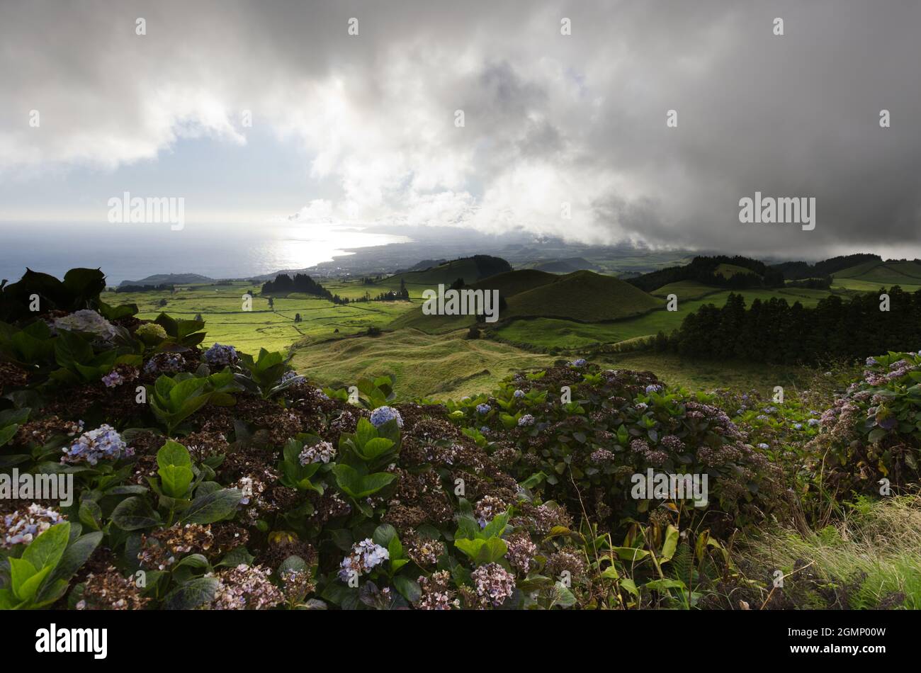 Landscape view from Miradouro do Pico do Carvao, Sao Miguel island, Azores Stock Photo
