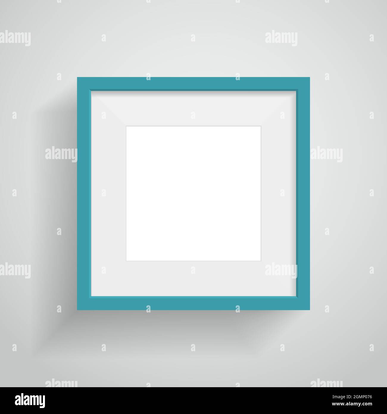 Turquoise frame with soft shadow hanging on white room wall for text or picture Stock Vector