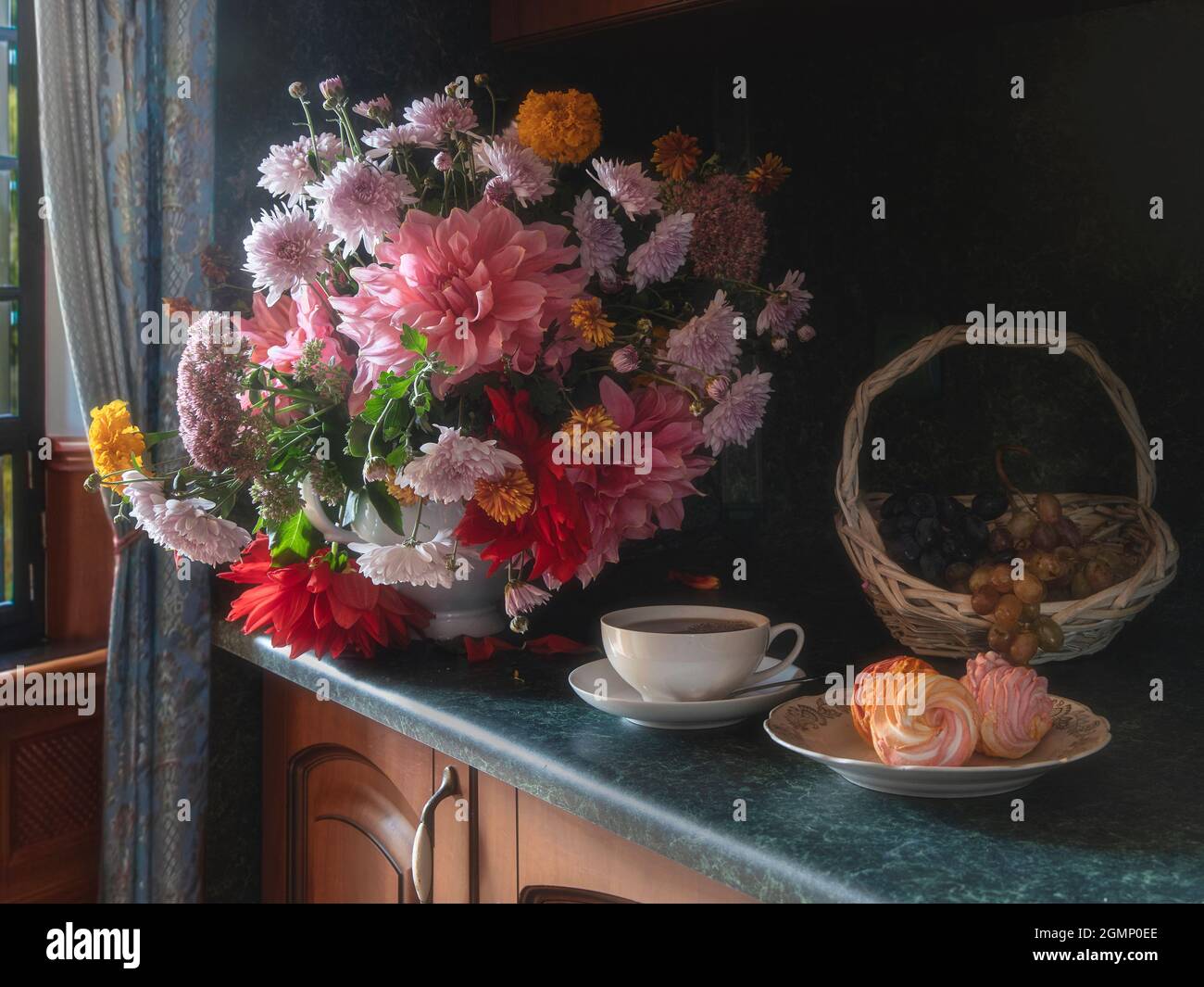 Still life with bouquet of autumn flowers in a kitchen interior Stock ...