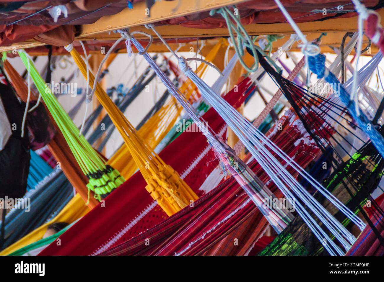 Hammock deck at the river boat which plies river Amazon in Brazil. Stock Photo