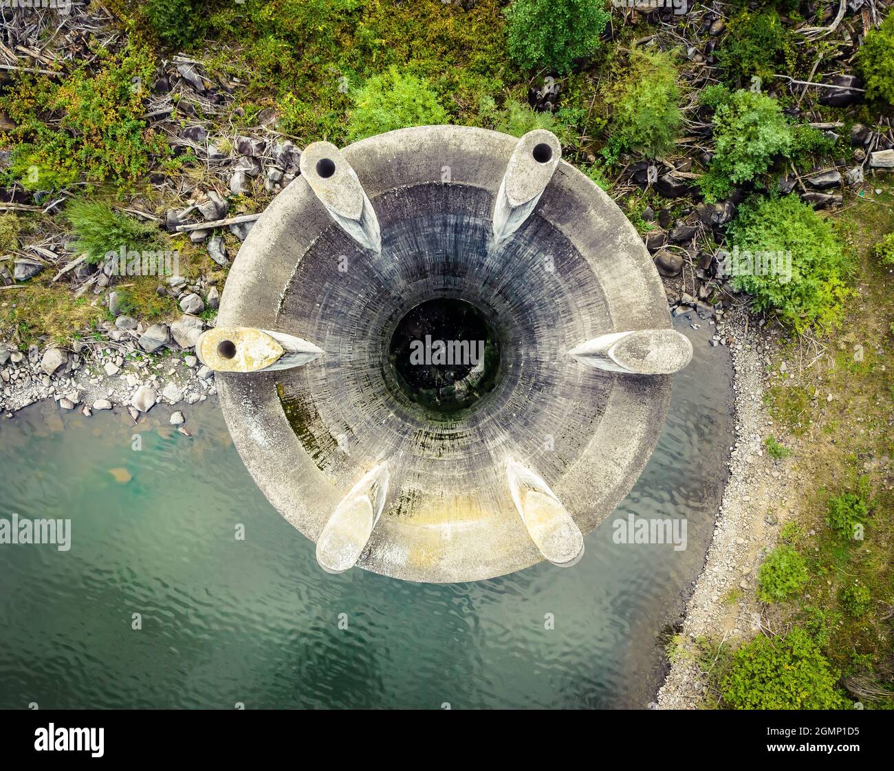 Concrete spillway structure, aerial shot Stock Photo