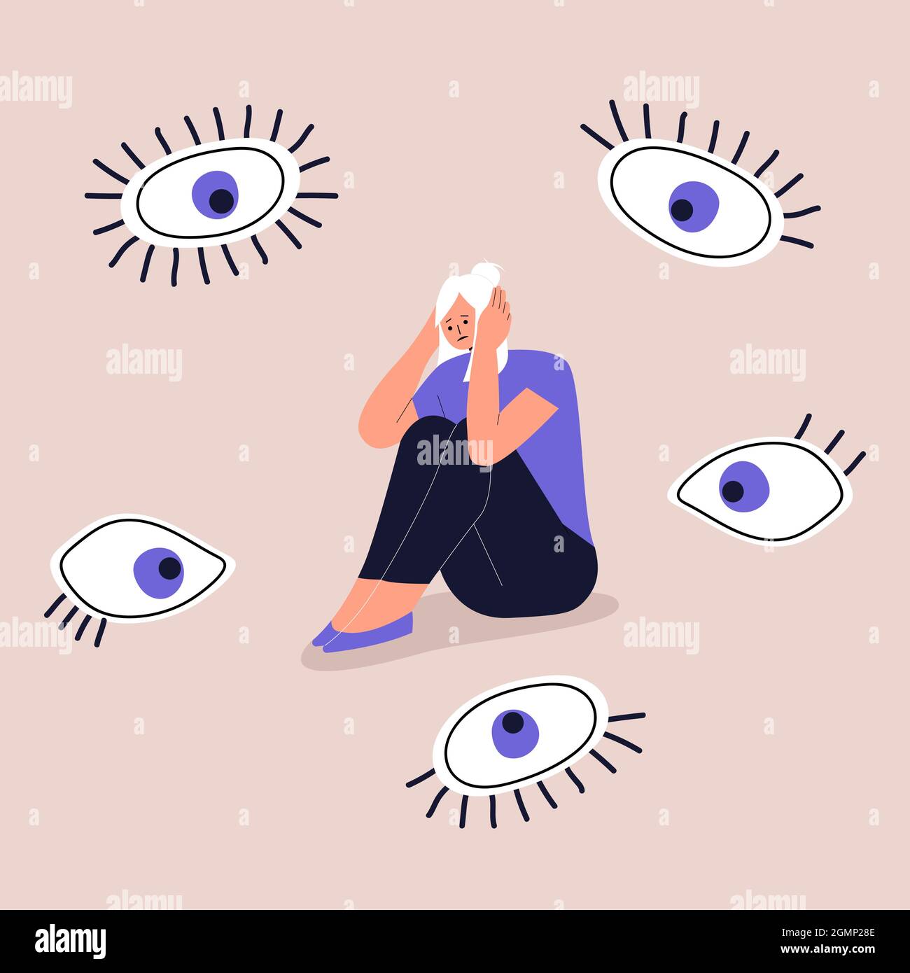 Concept of paranoia, persecution mania, phobias and mental disorders. A  frightened girl sits and holds her head with her hands. The eyes look at  the Stock Vector Image & Art - Alamy