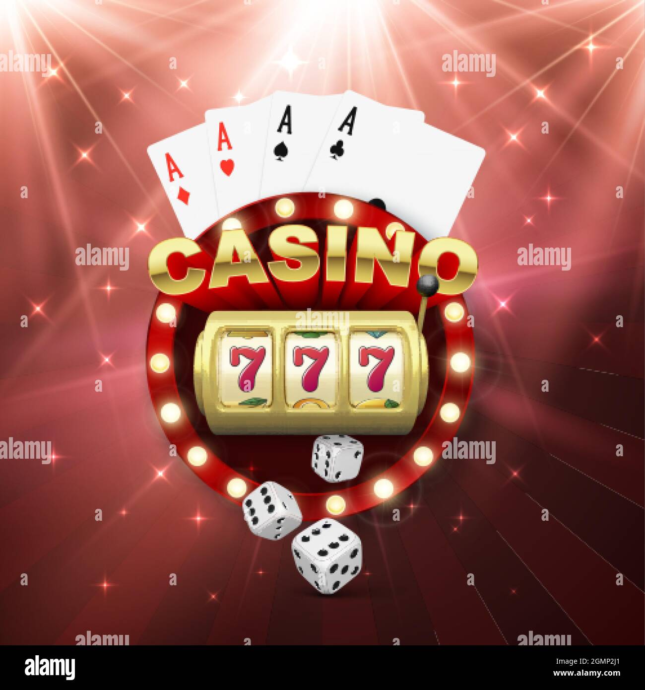 Casino banner with slot machine four aces and dice. Win jeckpot. Play game and win. Vector illustration Stock Vector