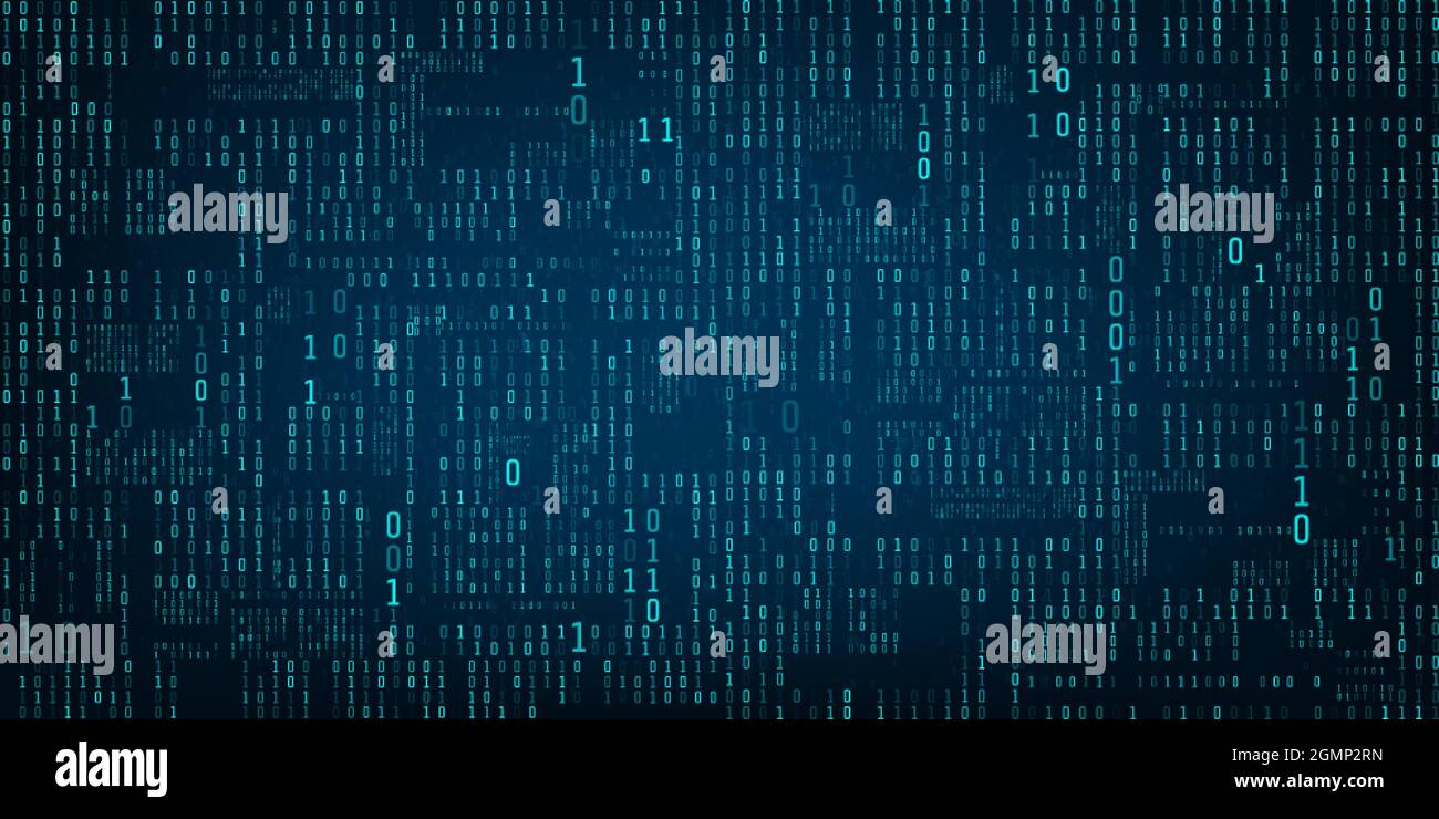 Matrix of binary numbers. Binary computer code. Futuristic or sci-fi backdrop. Flow of blue random digital numbers. Numbers falling on the dark backgr Stock Vector