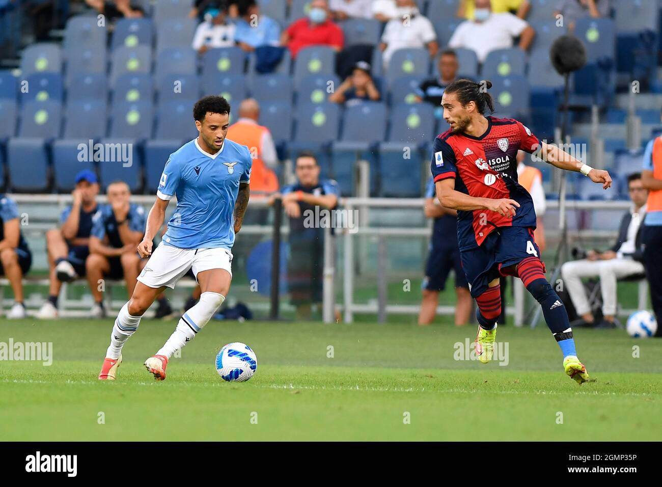 Rome, Italy. 19th Sep, 2021. Felipe Anderson and Martin Caceres during the fourth day of the Serie A championship SS Lazio vs Cagliari Calcio on 19 September 2021 at the Stadio Olimpico in Rome, Italy (Photo by Domenico Cippitelli/Pacific Press/Sipa USA) Credit: Sipa USA/Alamy Live News Stock Photo