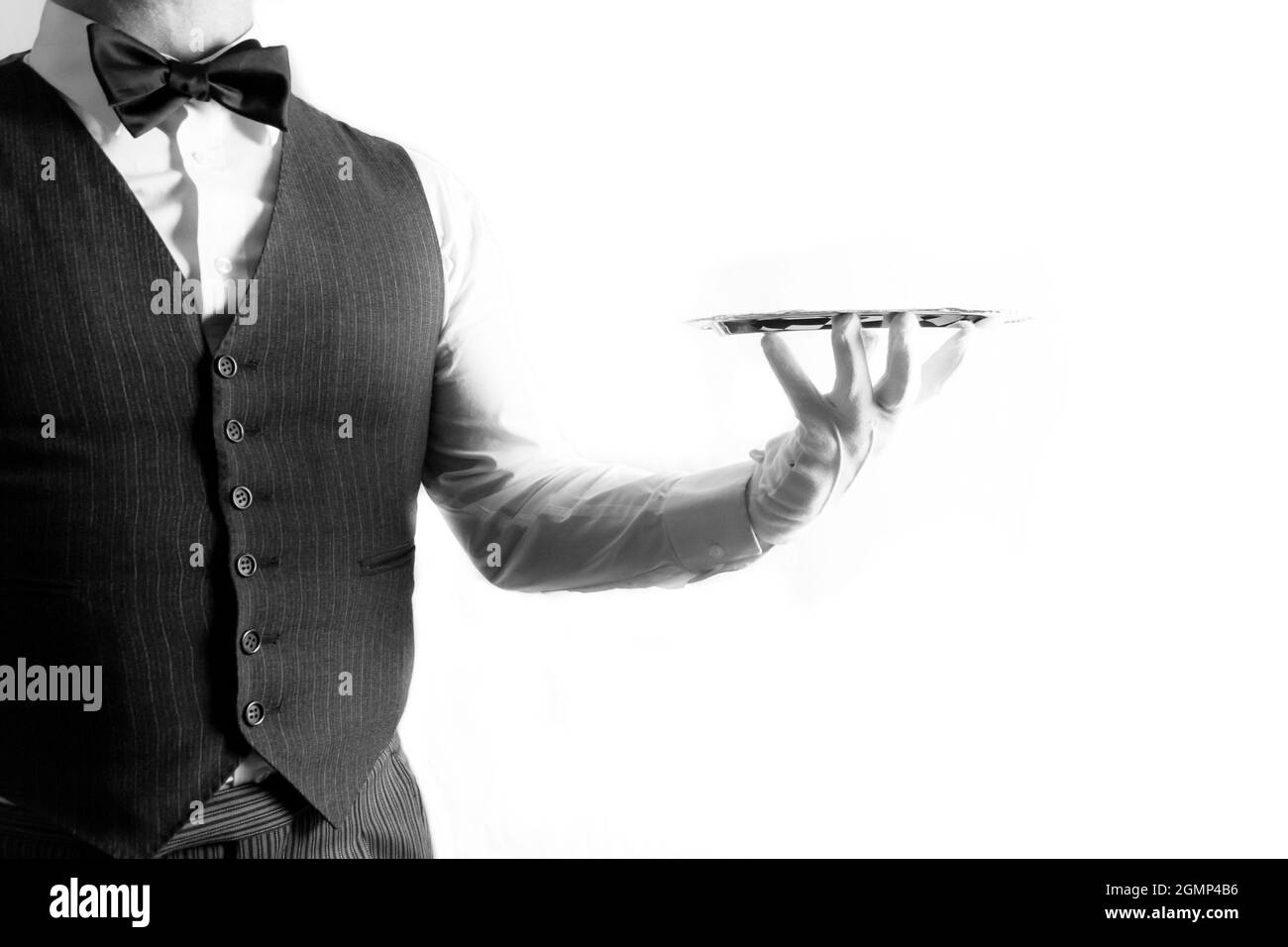 Portrait of Butler or Waiter in White Gloves Holding Serving Tray on White Background. Copy Space for Service Industry and Professional Hospitality. Stock Photo