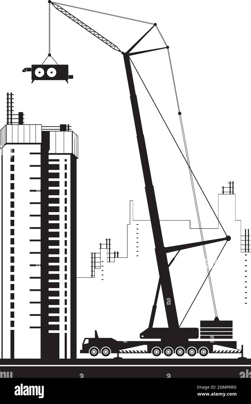Mobile crane lifting air conditioning unit - vector illustration Stock Vector