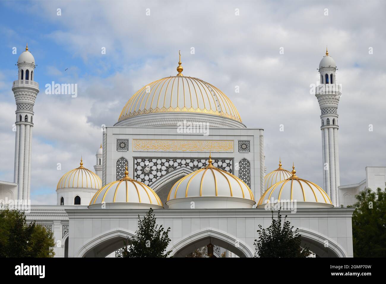 White Mosque in Shali. Chechnya Republic. Russia. Prophet Muhammad's Mosque called 'Pride of the Muslims' made of white marble Stock Photo