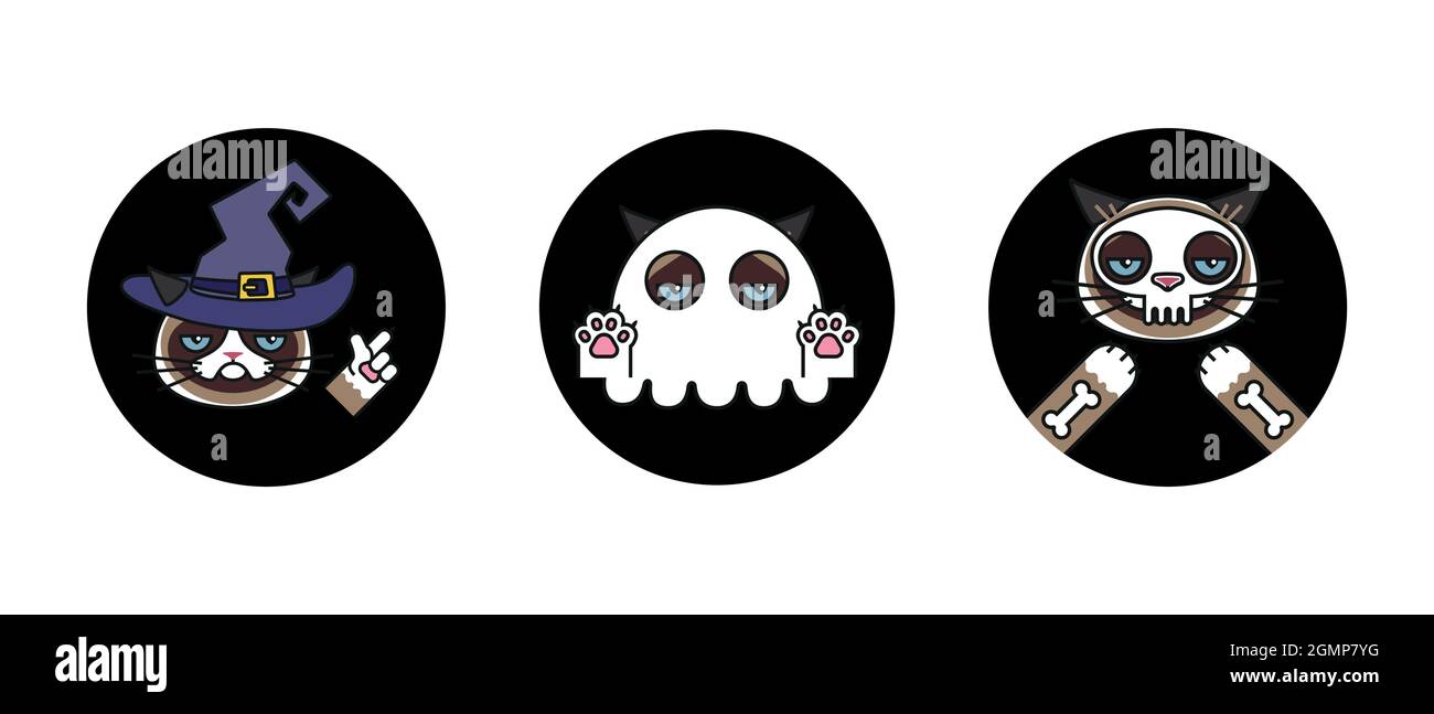Halloween stickers. Cat in skeleton, witch, ghost Stock Vector