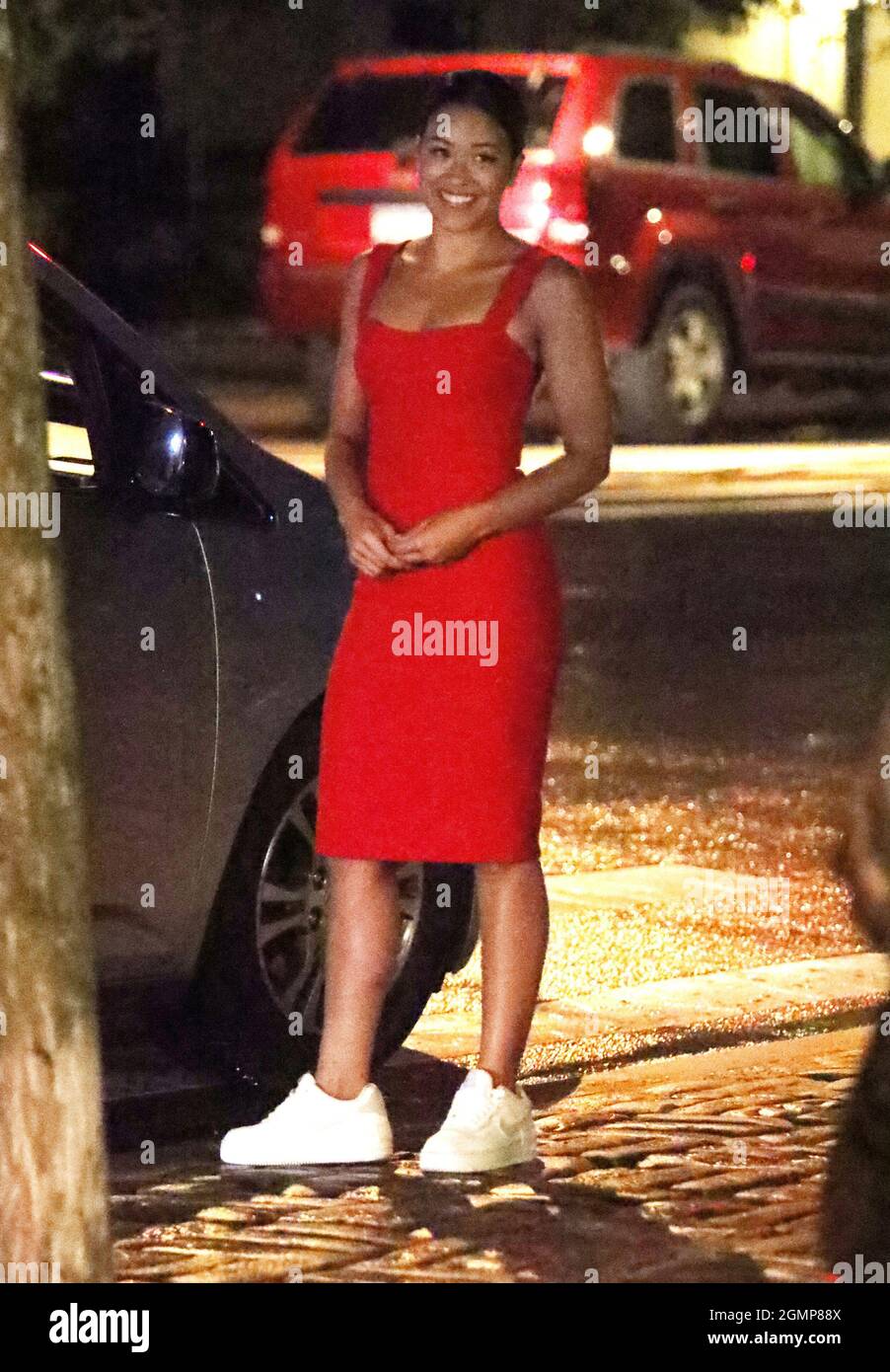 New York NY 20210804 Gina Rodriguez looks in a red dress