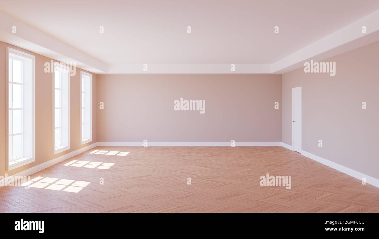 Empty Sunlit Interior with Parquet Floor, Three Large White Windows ...