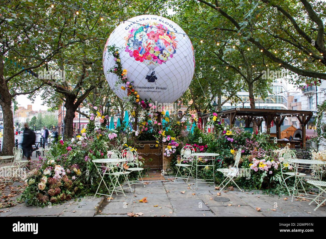 London, September 20, 2021: Streets of Chelsea get decorated with floral displays for anuual Chelsea in Bloom competition. Stock Photo