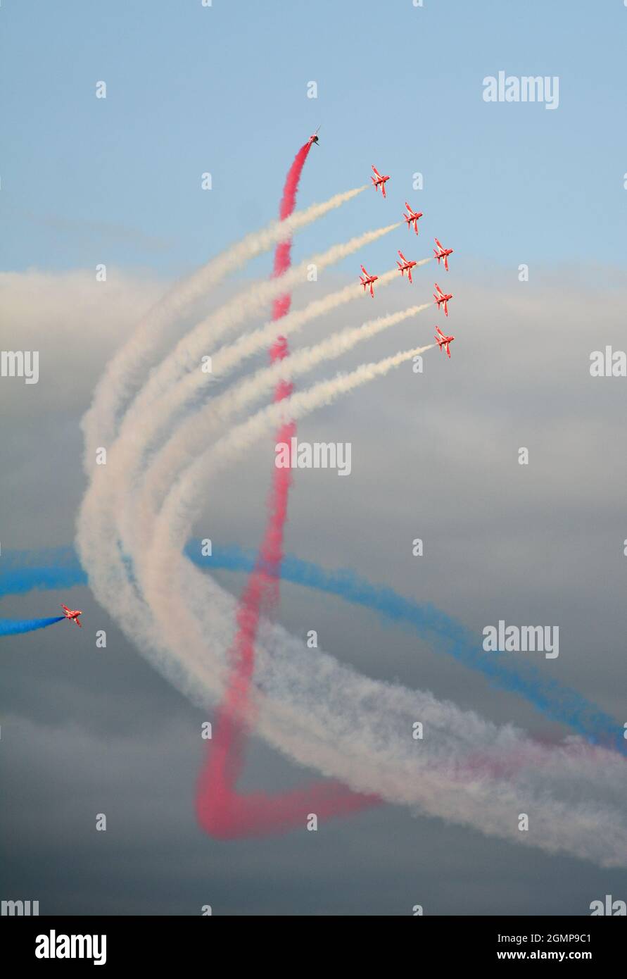 Sidmouth, September 2021: The Royal Air Force (RAF) Red Arrows perform with their BAE Hawk jet aircrafts at Sidmouth Air Show Stock Photo