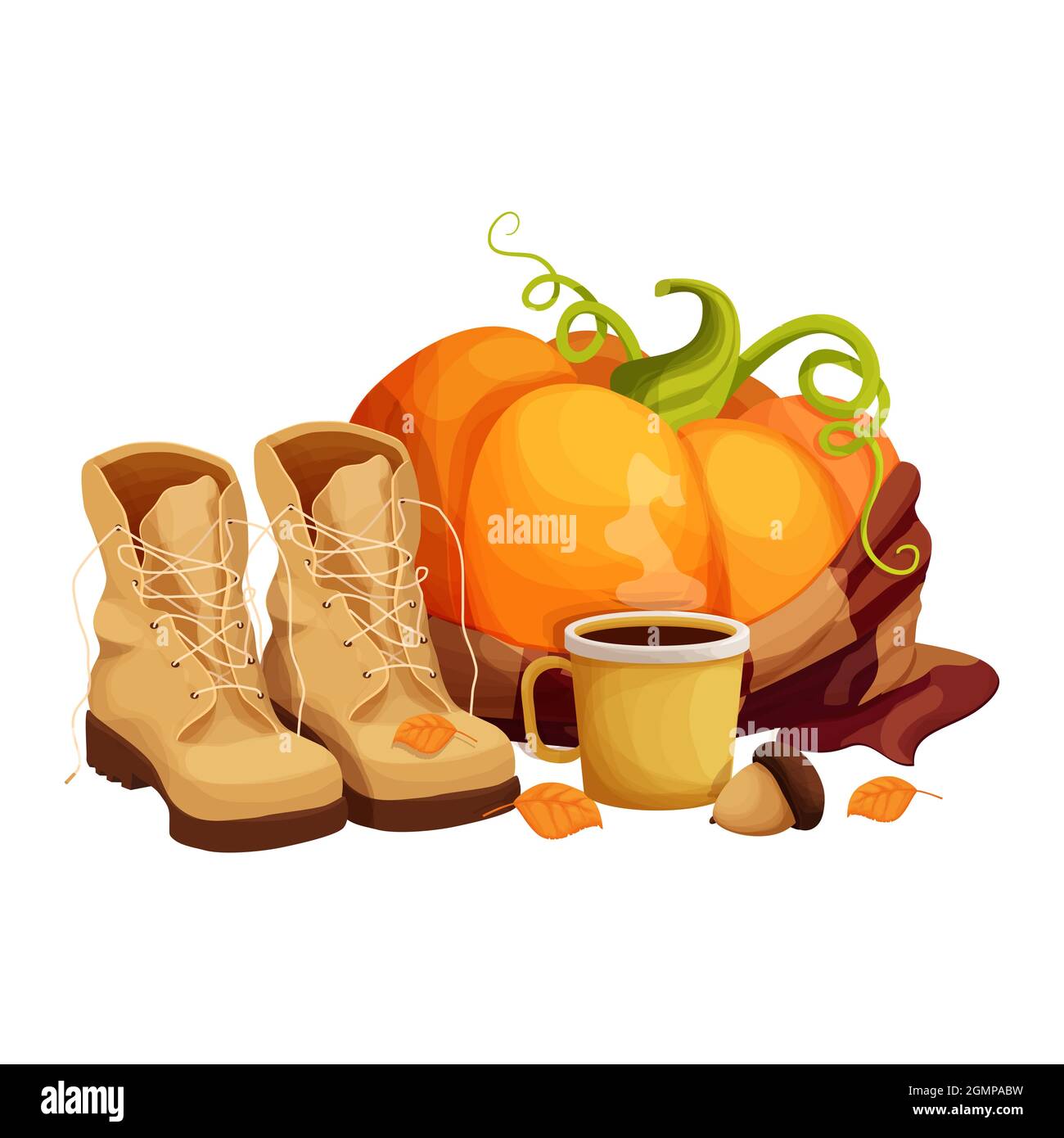 Autumn pumpkin in scarf, pair boots for walking or travel, cup of hot beverage decorated with acorn and leaves in cartoon style isolated on white back Stock Vector