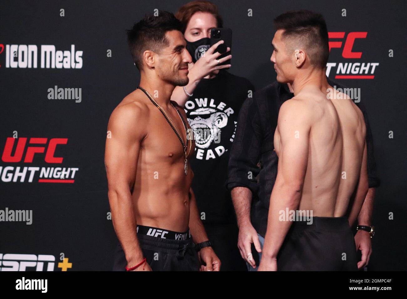 Las Vegas, NV - September 17: (L-R) Opponents Gustavo Lopez and Heili Alateng face off during the UFC Vegas 37: Smith v Spann Weigh-in at UFC Apex on September 17, 2021 in Las Vegas, Nevada, United States. Photo by Diego Ribas/PxImages/ABACAPRESS.COM Stock Photo