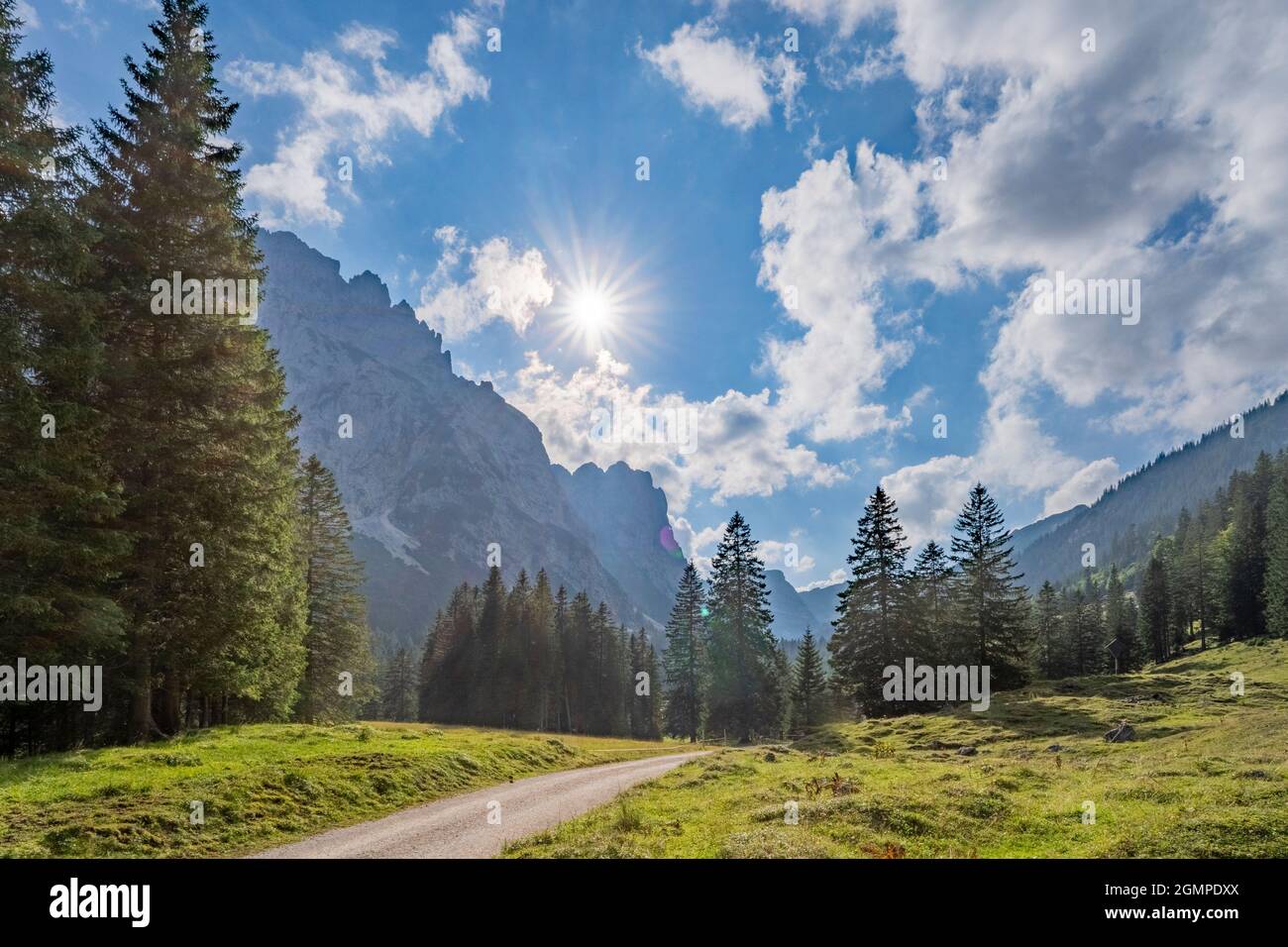 awesome mountain landscape in the Raintal Valley, a side valley of Lechtal Valley near city of Reutte in Tyrol, Austria Stock Photo