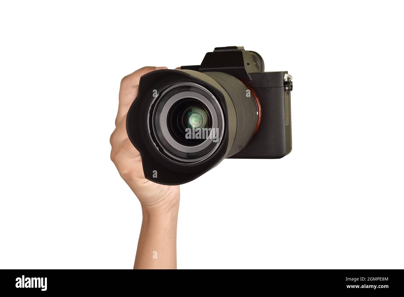 Shooting with Camera, Hand Holding Camera Isolated on White Background With Clipping Path Stock Photo