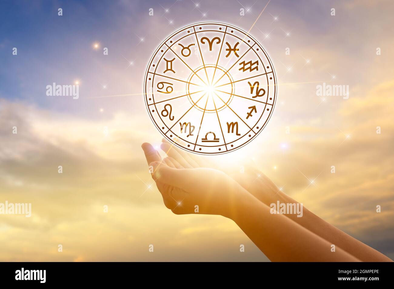 Zodiac signs inside of horoscope circle astrology and horoscopes concept Stock Photo