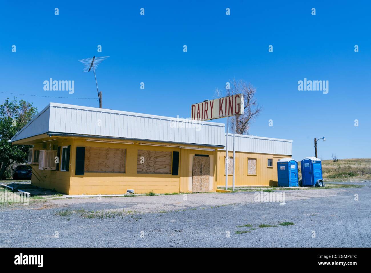 Last Chance, Colorado July 28, 2021 Abandoned Dairy King restaurant, boarded up and closed