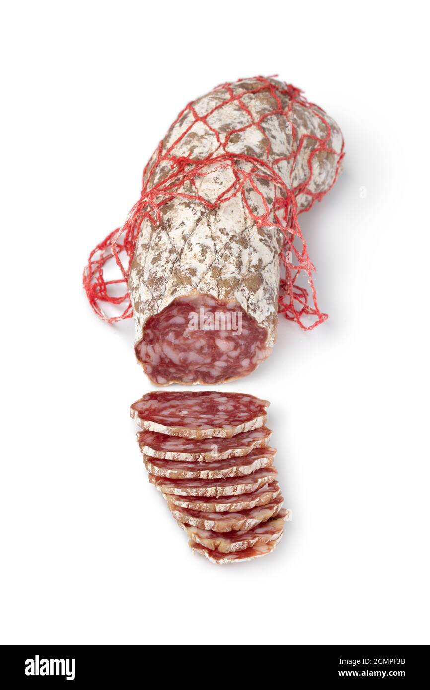 Fresh sliced Rosette de Lyon, a French pork saucisson close up isolated on white background Stock Photo