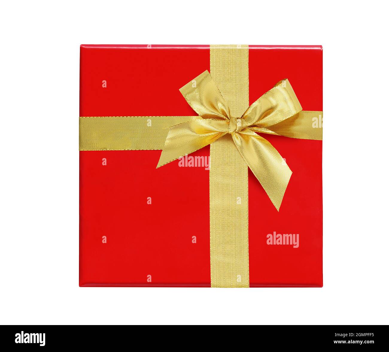 Red Gift box with gold ribbon and bow isolated on white Stock Photo - Alamy