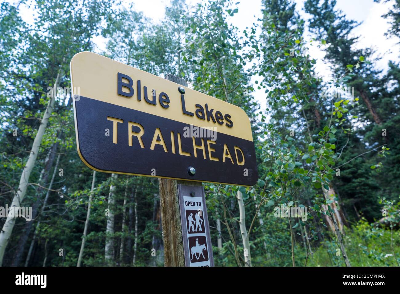 Sign for the Blue Lakes trailhead in Colorado, in the Mt. Sneffels wilderness Stock Photo