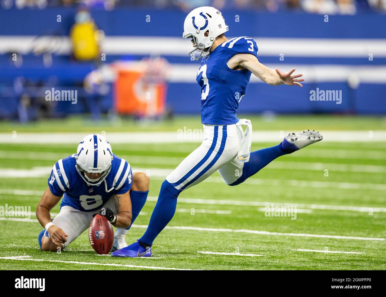 Indianapolis, Indiana, USA. 19th Sep, 2021. Indianapolis Colts kicker Rodrigo  Blankenship (3) kicks the field goal out of the hold by Indianapolis Colts  punter Rigoberto Sanchez (8) during NFL football game action
