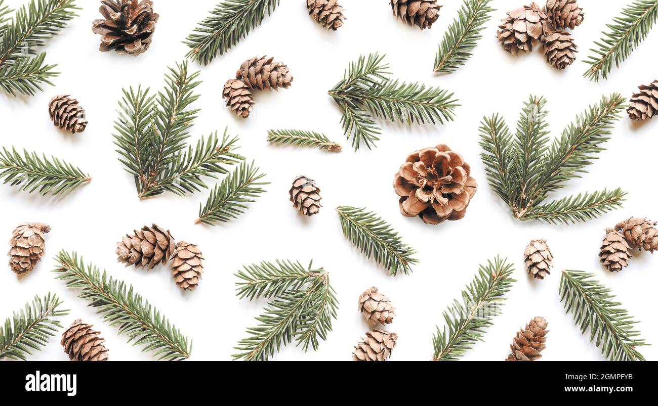 Fir branches and cones on white background. Christmas pattern Stock ...