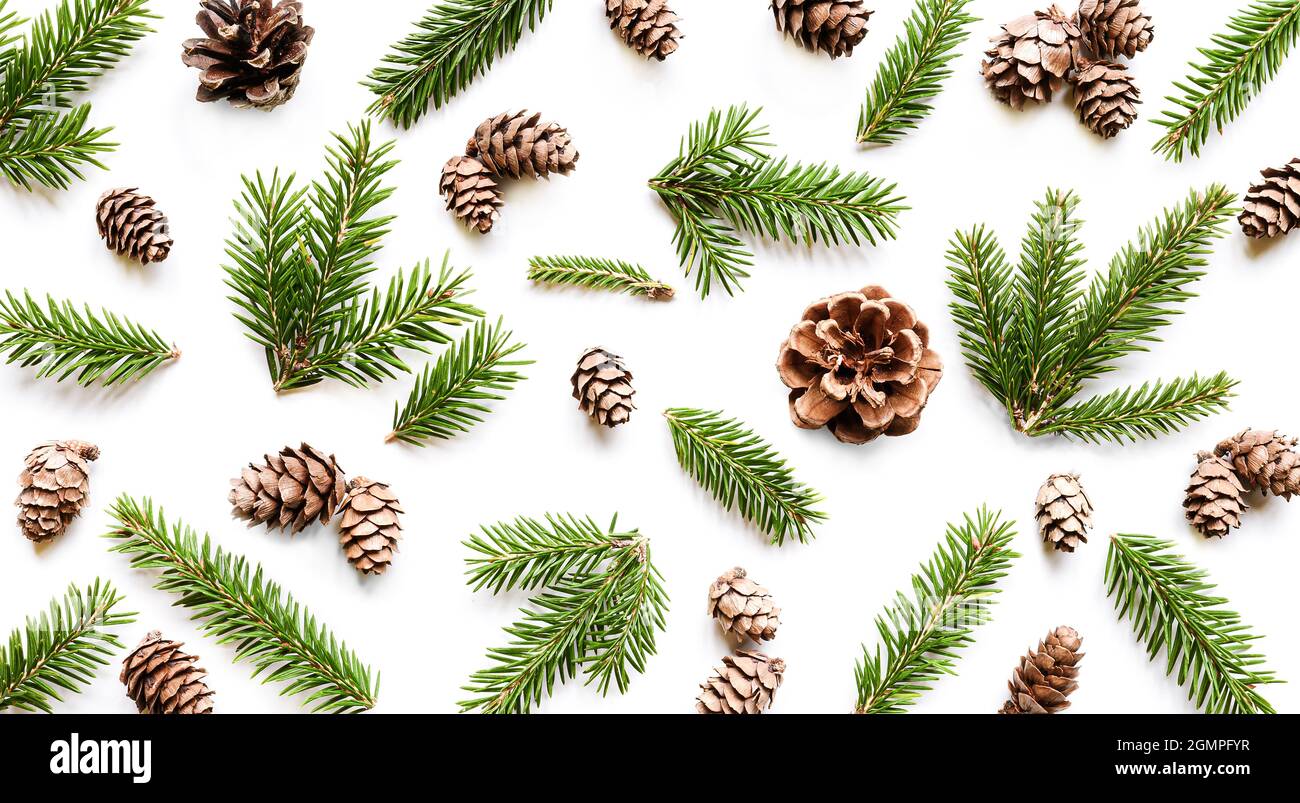 Fir branches and cones on white background. Christmas pattern Stock ...