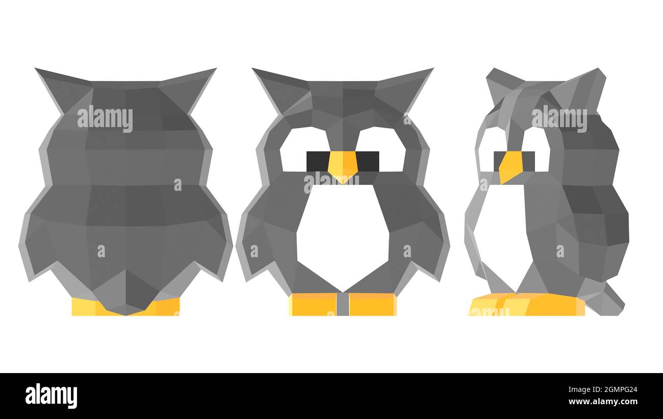 low poly cute baby owl from different sides, polygonal art, 3d render Stock Photo