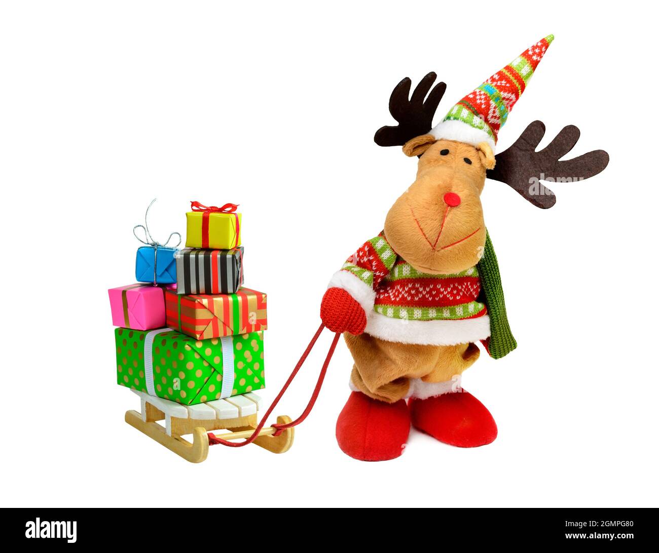 Christmas toy moose with gifts on the sleigh Stock Photo