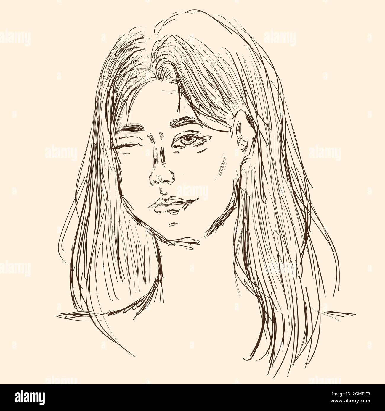 Drawing sketch winking girl with loose hair Stock Vector