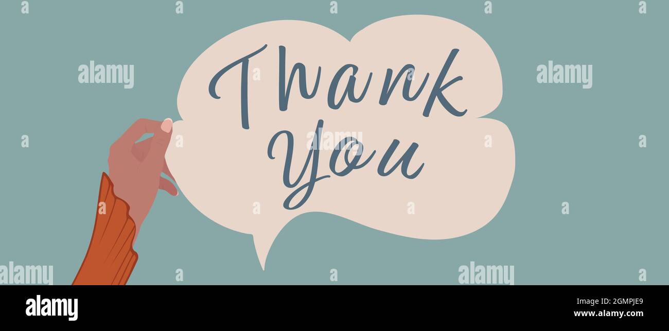 Raised arm of woman holding a label in the form of a speech bubble with the inscription -Thank You- Concept of gratitude and appreciation. Banner Stock Vector