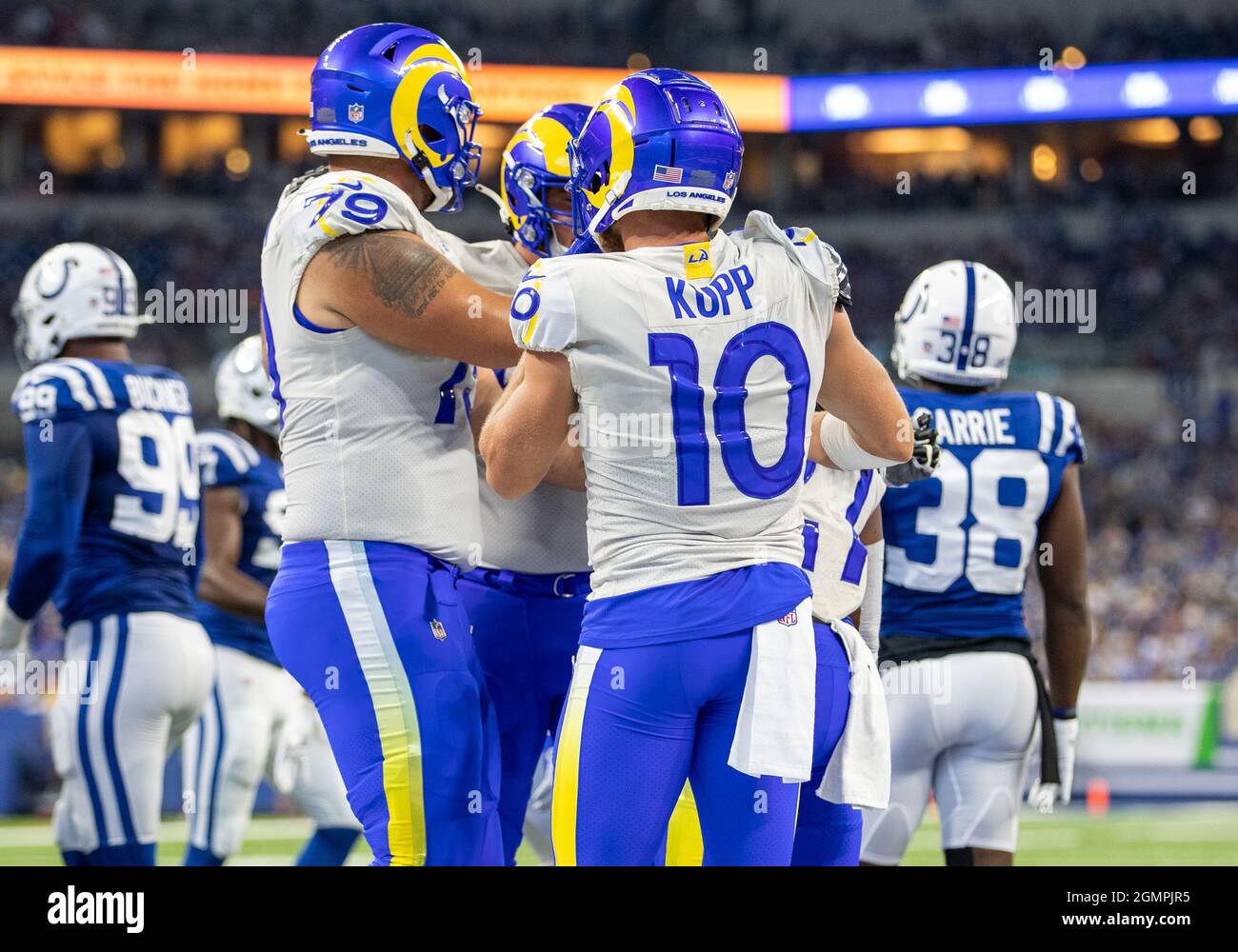 Los Angeles Rams players celebrate running back Malcolm Brown's touchdown during an NFL football game against the Dallas Cowboys, Sunday, Sept. 13, 2020, in Inglewood, Calif. (AP Photo/Kyusung Gong Stock Photo - Alamy
