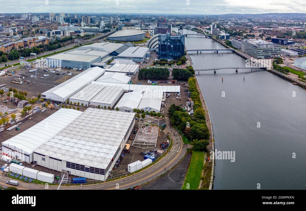 Glasgow, Scotland, UK. 20th September 2021. Aerial views of the site of the COP26 international climate change conference and summit to be held in Glasgow during November 2021. The site is beside the River Clyde at the Scottish Event Campus and large temporary structures can be seen being erected to house the tens of thousands of delegates, heads of state and journalists who will attend the two week event.  Iain Masterton/Alamy Live News. Stock Photo