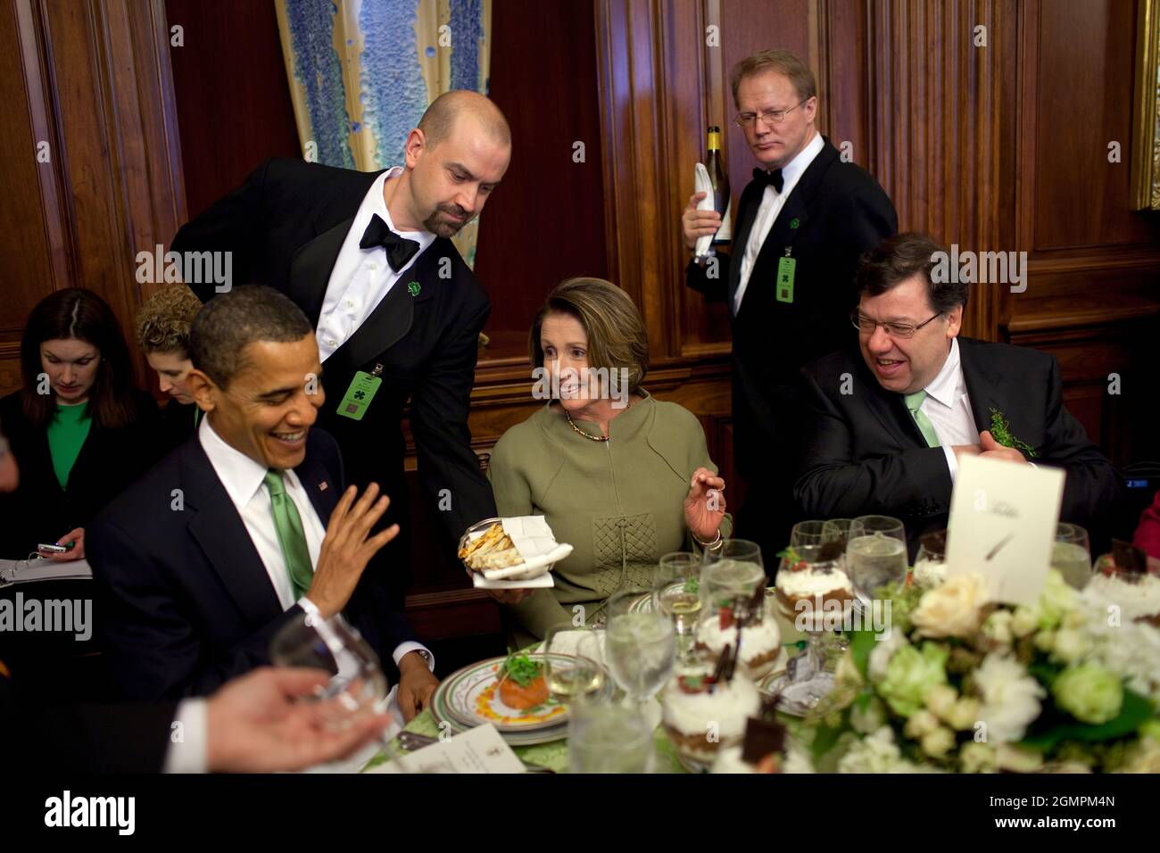 President Barack Obama and Prime Minister  Brian Cowen of Ireland attend a St. Patrick's Day lunch hosted by House Speaker Nancy Pelosi in the Rayburn Building, U.S. Capitol, Washington D.C. 3/17/09.Official White House Photo by Pete Souza Stock Photo