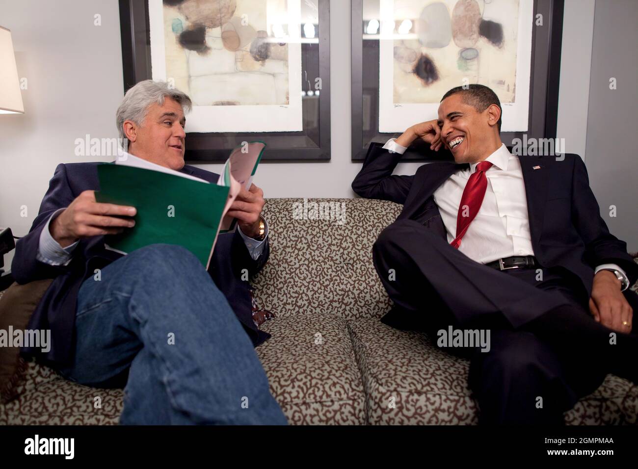 President Barack Obama shares a moment with Jay Leno off set of the ...