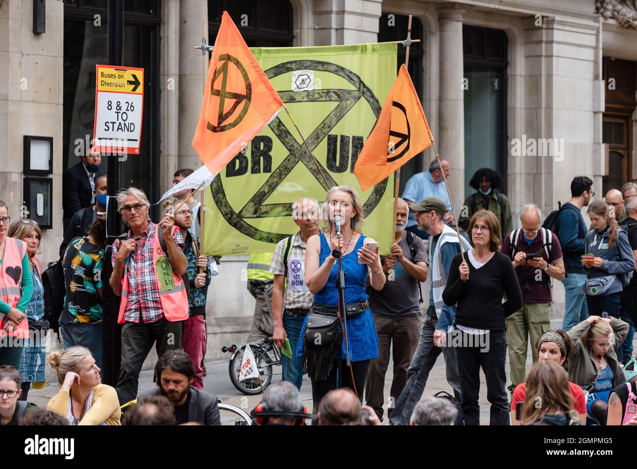 London, UK. 3 September 2021. Extinction Rebellion supporters march from St. Paul Cathedral for 'Flood Money' protest Stock Photo