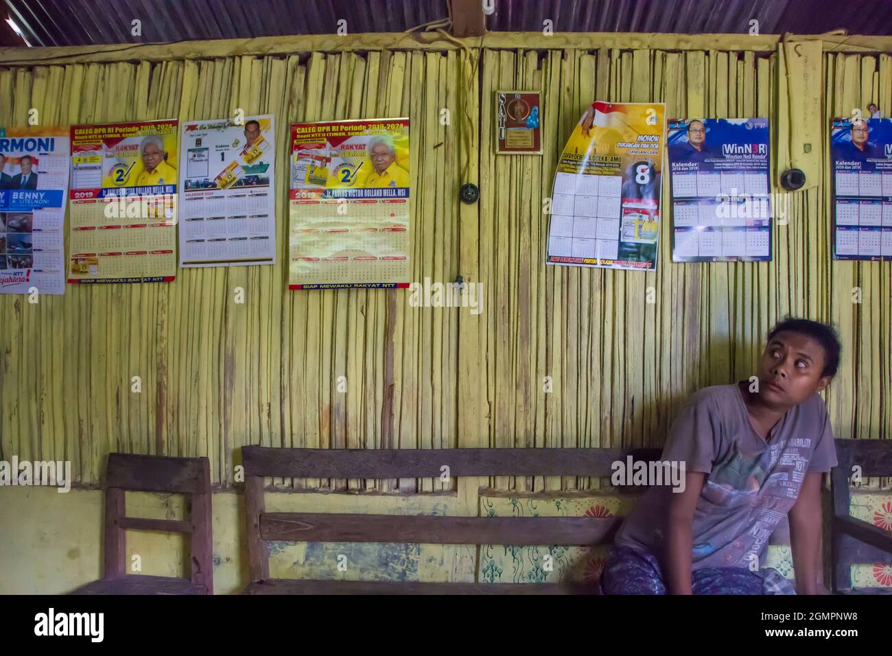 Woman sits under calenders with images of  leaders of local political parties for the 2019-2024 elections on a yellow bamboo wall.West Timor,Indonesia Stock Photo