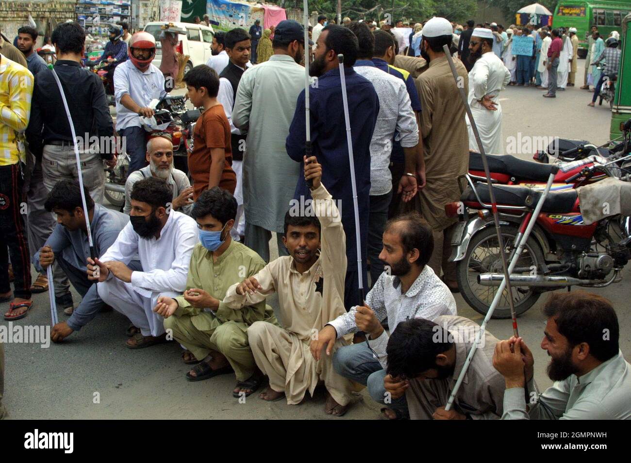 Disable blind persons are holding protest demonstration for their employment, at Lahore press club on Monday, September 20, 2021. Stock Photo