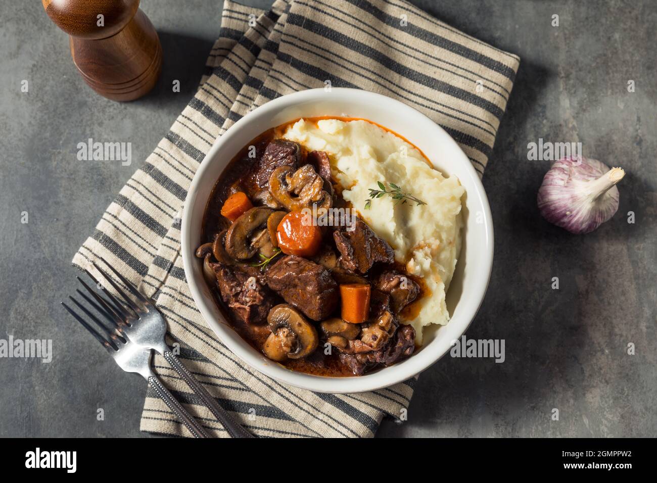 Homemade French Beef Bourguignon Stew with Mashed Potatoes Stock Photo