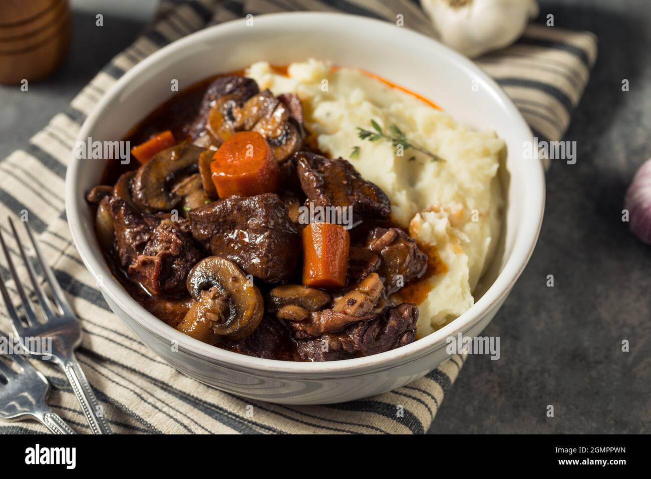 Homemade French Beef Bourguignon Stew with Mashed Potatoes Stock Photo Alamy